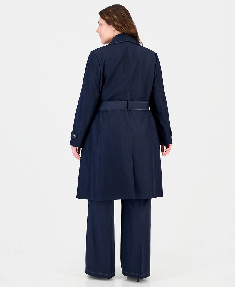 Tahari Plus Denim Double-Breasted Long Trench