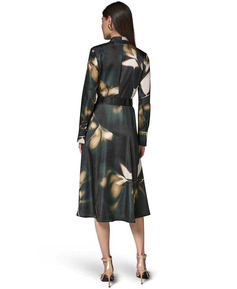 Donna Karan New York Women's Long-Sleeve Printed Charmeuse A-Line Dress With Belt