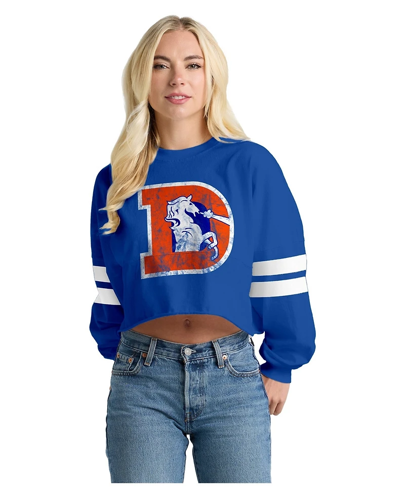 Spirit Jersey Women's Navy Denver Broncos Oversized Cropped Stripe Long Sleeve T-Shirt