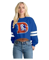 Spirit Jersey Women's Navy Denver Broncos Oversized Cropped Stripe Long Sleeve T-Shirt
