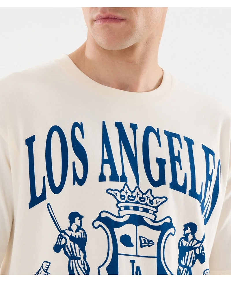 New Era Men's Light Beige Los Angeles Dodgers Lifestyle Coat of Arms Flocking T-Shirt