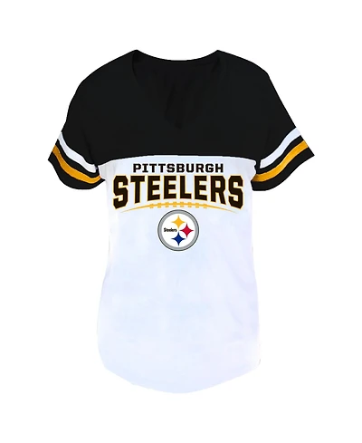 Profile Women's Black/White Pittsburgh Steelers Plus Split Body V-Neck T-shirt