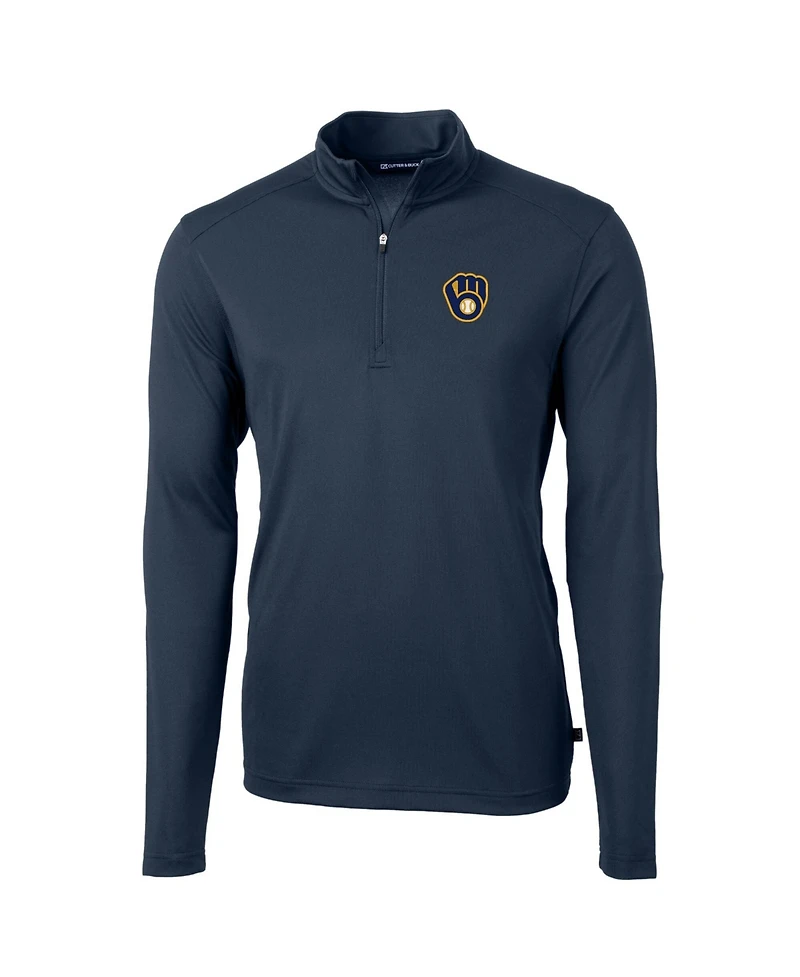 Cutter & Buck Men's Navy Milwaukee Brewers Virtue Eco Pique Quarter-Zip Pullover Hoodie