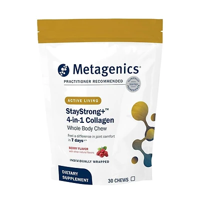 Metagenics StayStrong Plus 4 in 1 Collagen Whole Body Chew Multi Collagen Peptides and Uc Ii for Joint, Skin and Nail Support, Berry Flavor, 30 Chews