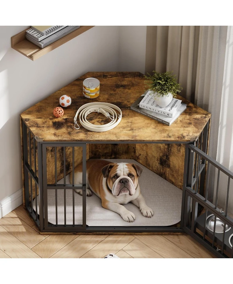 gaomon Corner Dog Crate Furniture, Wooden Dog Kennel Indoor with Feeding Bowls and Revolving Door, Decorative Dog Crate End Table