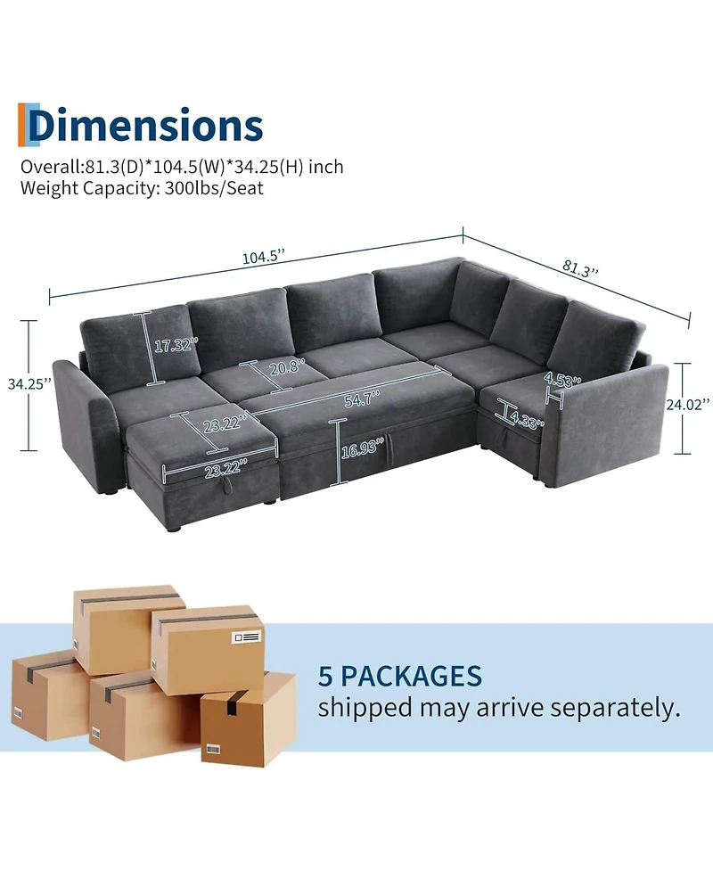 gaomon Chenille Fabric Sectional Couches with Pull-Out Bed and Large Storage for Living Room, Sturdy Wooden Frame Tool-Free Assembly