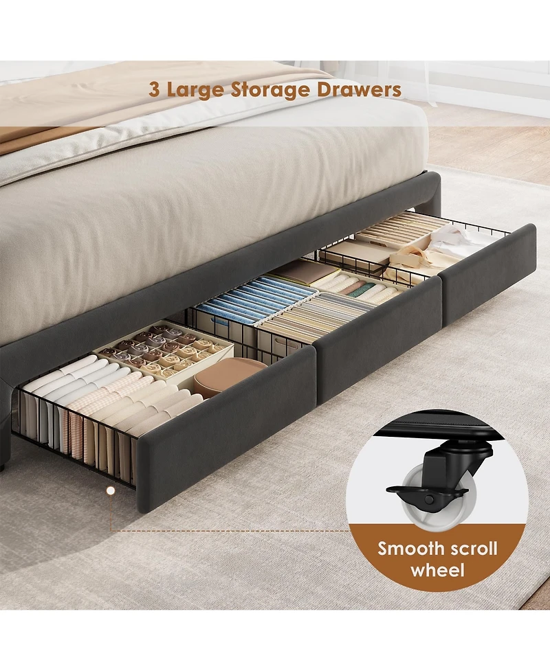 gaomon Velvet Upholstered Platform Bed Frame with Crystal Tufted Headboard, 2 Storage Drawers, Built-in Charging Station, Wood Slat Support