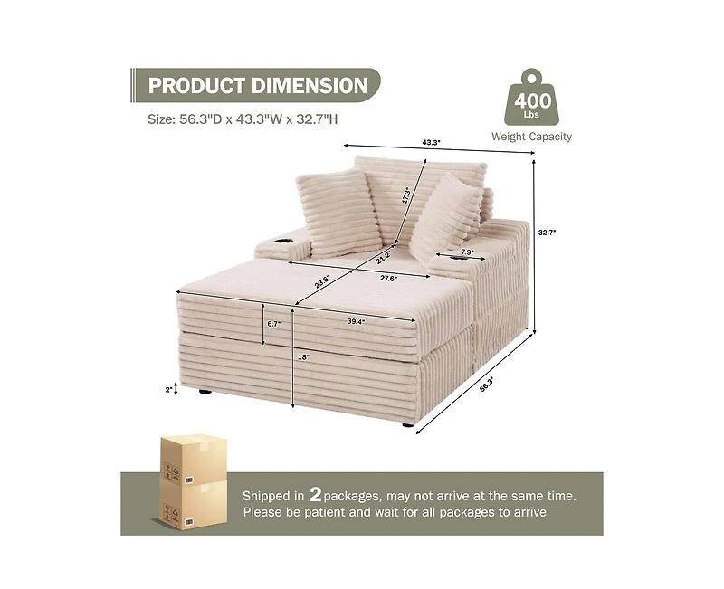 gaomon Upholstered Corduroy Chaise Lounge Chair with Storage Ottoman and Three Pillows, Single Sleeper Sofa Bed for Living Room or Bedroom