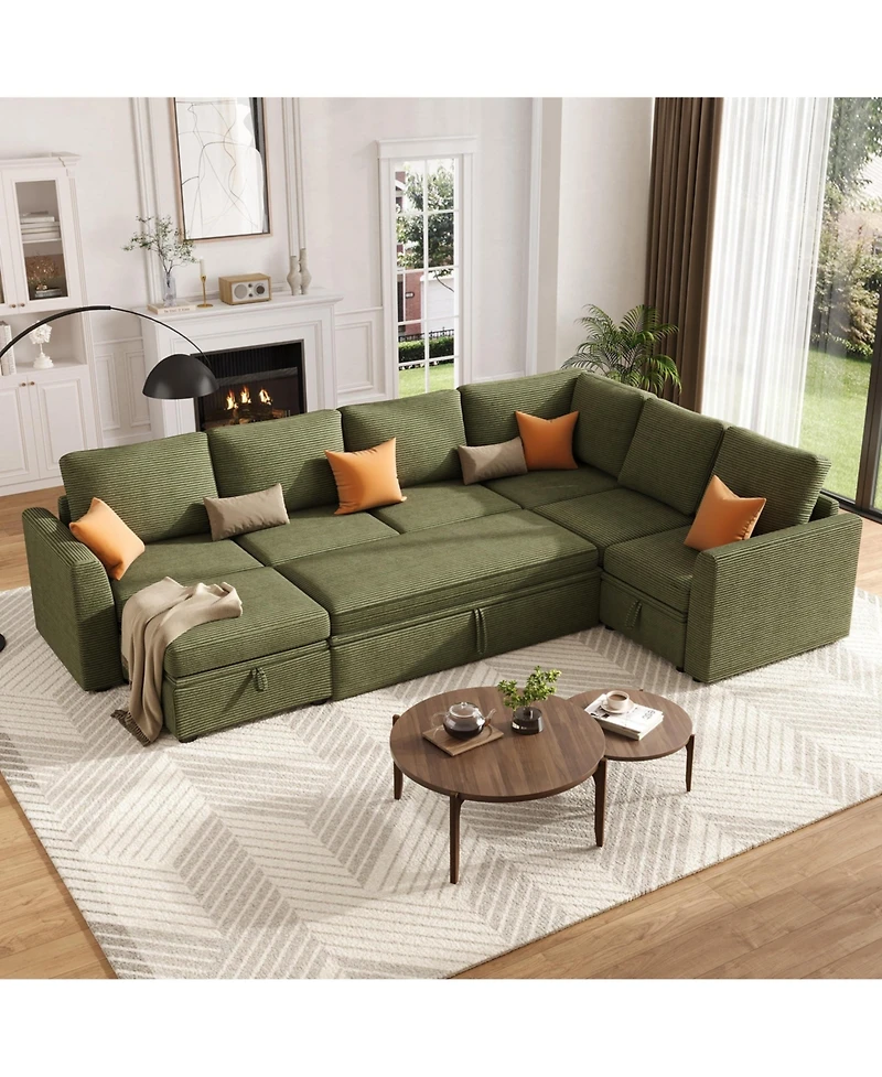 gaomon U-Shaped Corduroy Sectional Sleeper Sofa for Living Room – 7-Seater Modular Couch with Pull-Out Bed – Storage Ottoman