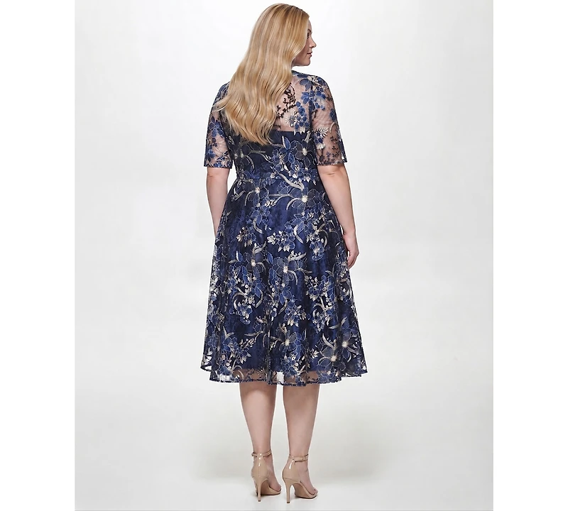 Eliza J Plus Embroidered Lace Boat Neck Midi Dress