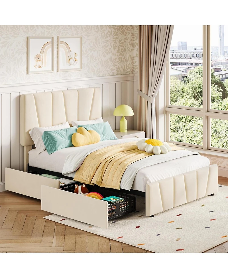 gaomon Twin Size Bed Frame with Adjustable Headboard and 2 Storage Drawers, Velvet Upholstered Tufted Twin Bed Frames with Wooden Slats Support