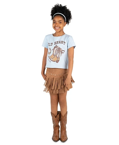 Tween Diva Girls' 7-12 Wild Heart Graphic T-Shirt and Studded Faux Suede Fringe Skort, 2-Piece Set