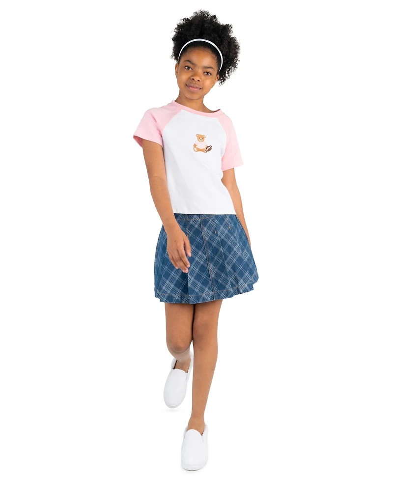 Tween Diva Girls' 7-12 Bear Graphic Raglan Sleeve T-Shirt, Plaid Skort and Bracelet, 3-Piece Set