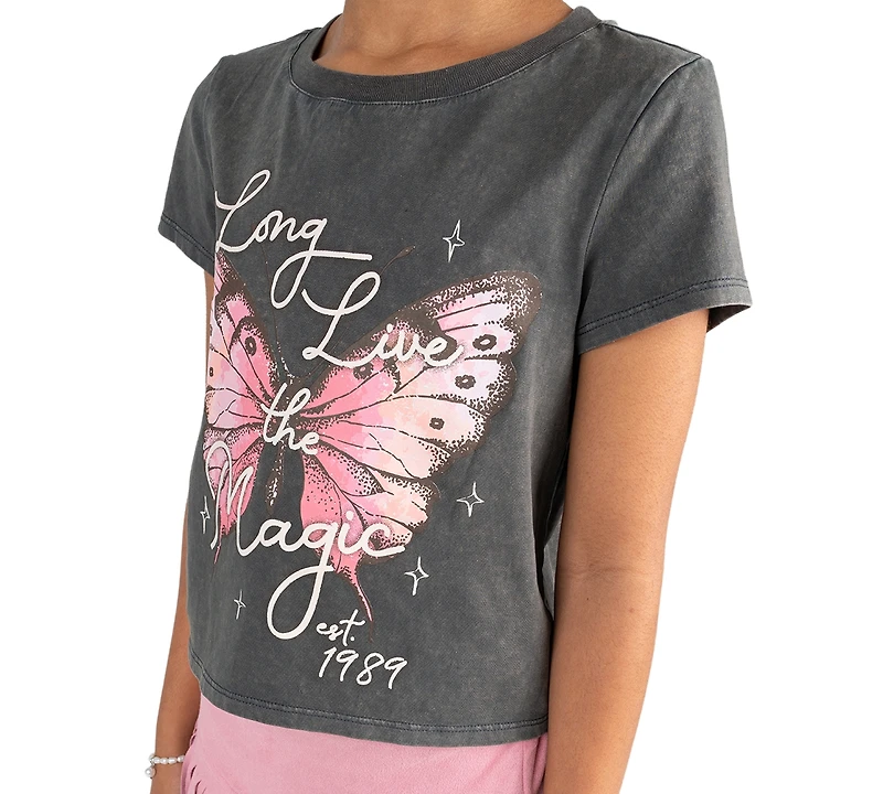 Tween Diva Girls' 7-12 Acid Wash Graphic T-Shirt, Faux Suede Fringe Skirt and Bracelet, 3-Piece Set