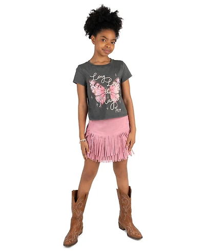 Tween Diva Girls' 7-12 Acid Wash Graphic T-Shirt, Faux Suede Fringe Skirt and Bracelet, 3-Piece Set