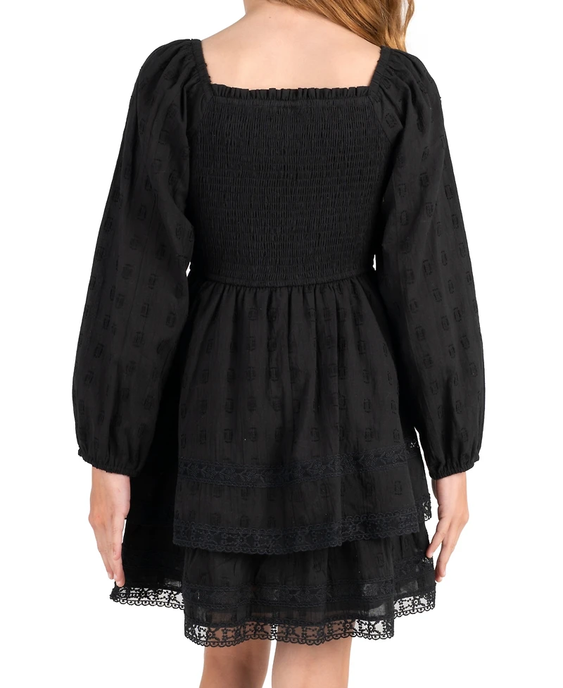 Rare Editions Girls' 7-14 Textured Clip Dot Smocked Bodice Long-Sleeve Dress