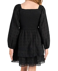 Rare Editions Girls' 7-14 Textured Clip Dot Smocked Bodice Long-Sleeve Dress