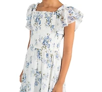 Rare Editions Girls' 7-16 Floral Print Chiffon Smocked Flutter Sleeve Midi Dress