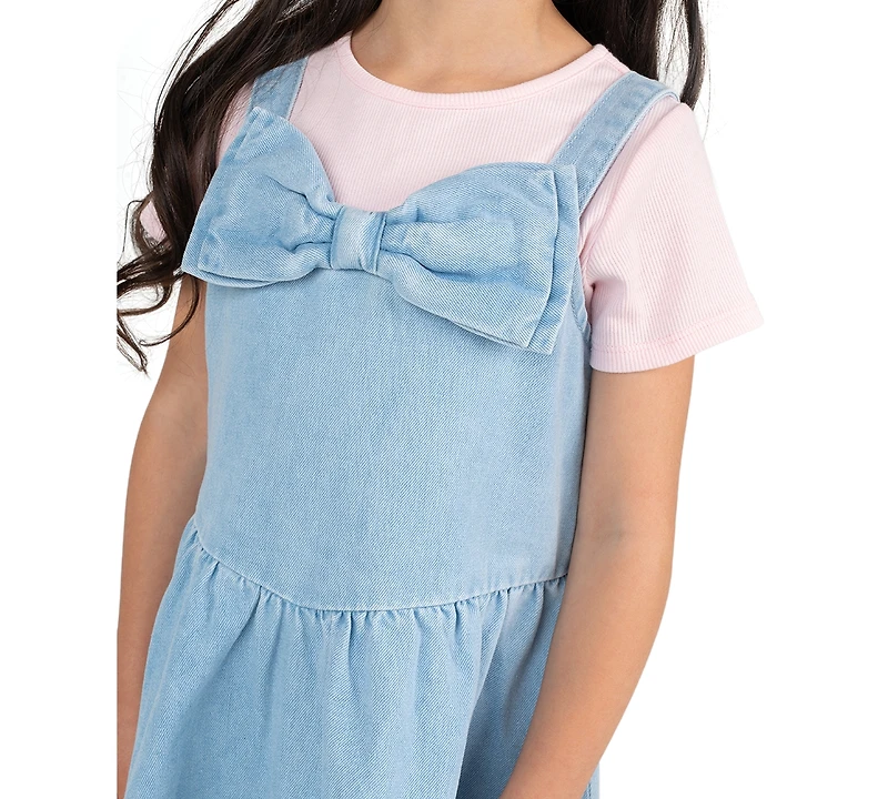 Rare Editions Girls' 2T-6X Ribbed Top and Denim Bow Jumper, 2-Piece Set