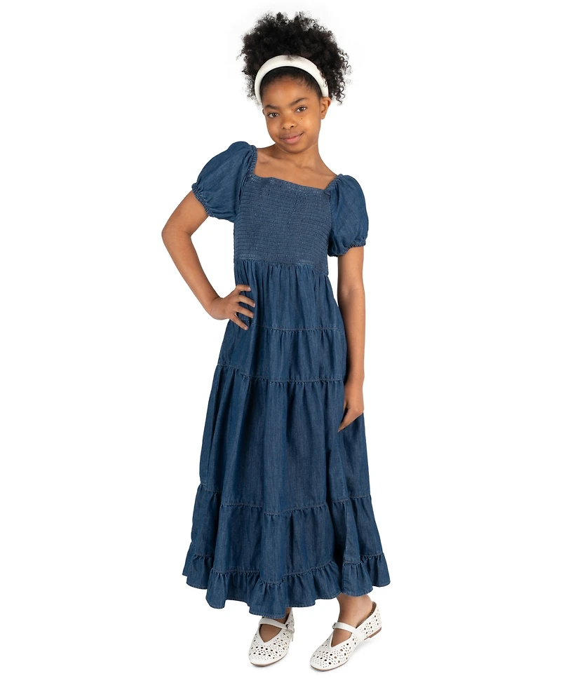 Rare Editions Girls' 7-14 Chambray Puff Sleeve Tiered Midi Dress with Keychain
