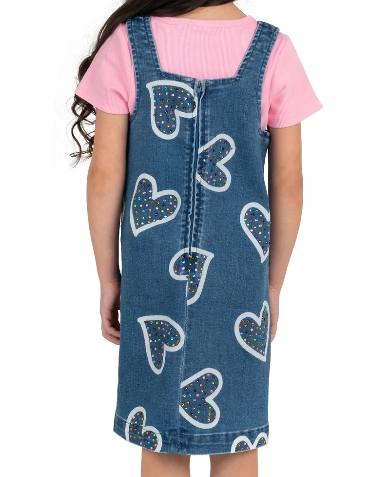Rare Editions Girls' 2T-6X Short-Sleeve T-Shirt and Denim Jumper, 2-Piece Set