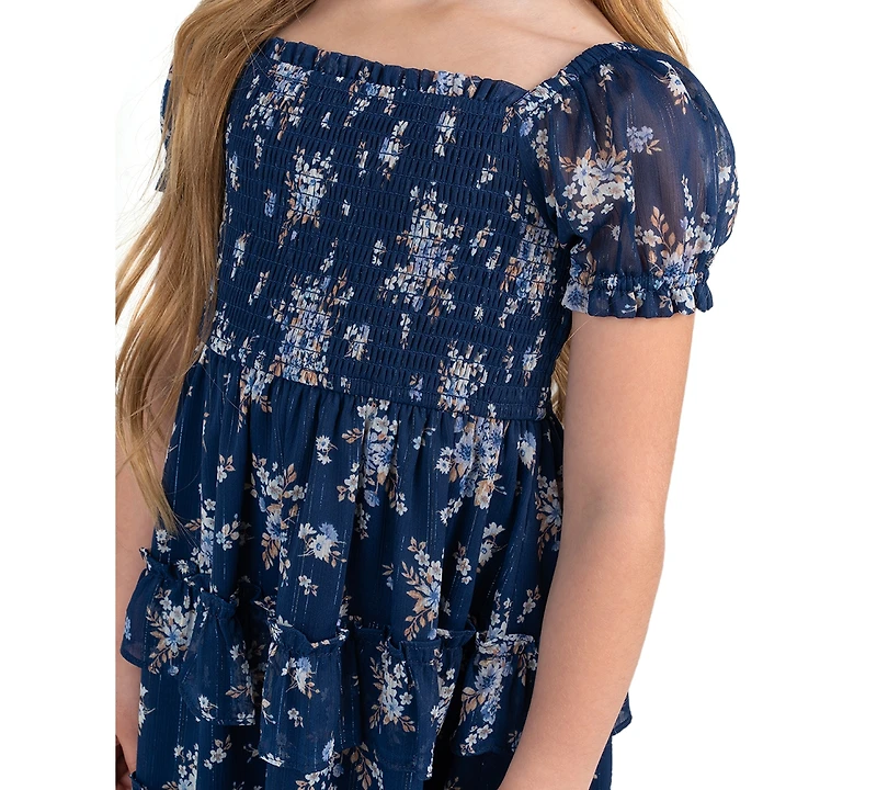 Rare Editions Girls' 4T-6X Printed Lurex Chiffon Puff Sleeve Tiered Midi Dress