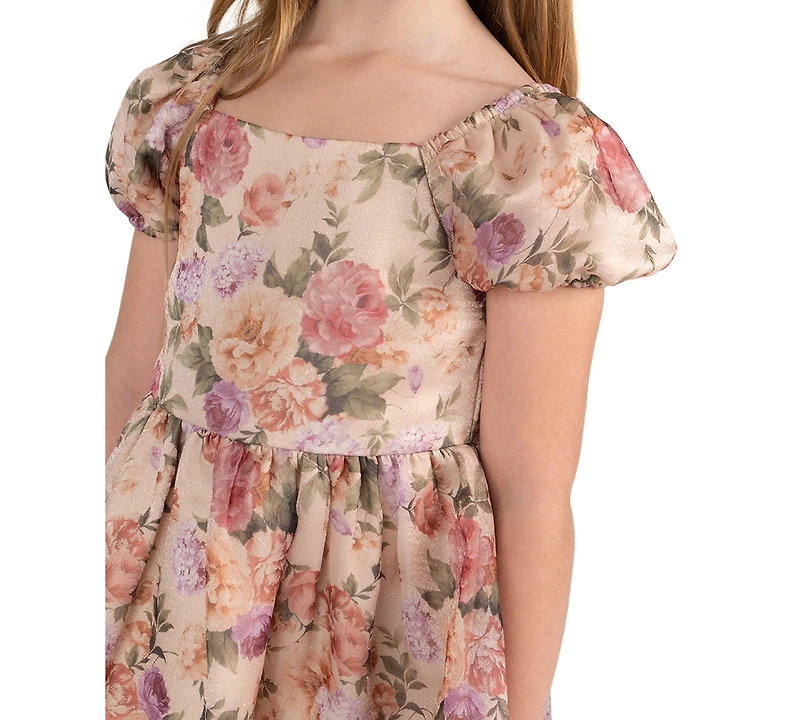 Rare Editions Girls' 2T-6X Floral Print Shimmer Organza Puff Sleeve Dress