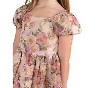 Rare Editions Girls' 2T-6X Floral Print Shimmer Organza Puff Sleeve Dress