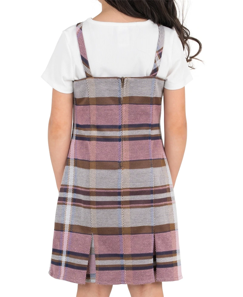 Rare Editions Girls' 2T-6X Rib Knit T-Shirt and Plaid Pleated Jumper, 2-Piece Set