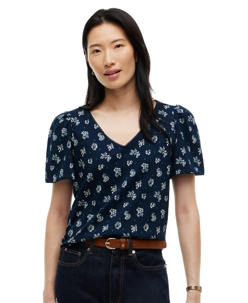 Tommy Hilfiger Women's Printed Contrast Trim Puff-Sleeve V-Neck Top