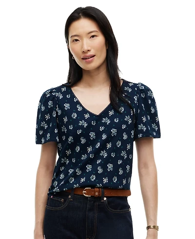 Tommy Hilfiger Women's Printed Contrast Trim Puff-Sleeve V-Neck Top