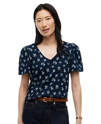 Tommy Hilfiger Women's Printed Contrast Trim Puff-Sleeve V-Neck Top