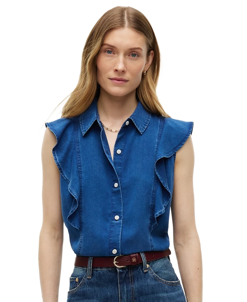 Tommy Hilfiger Women's Chambray Frill Sleeveless Button-Front Shirt