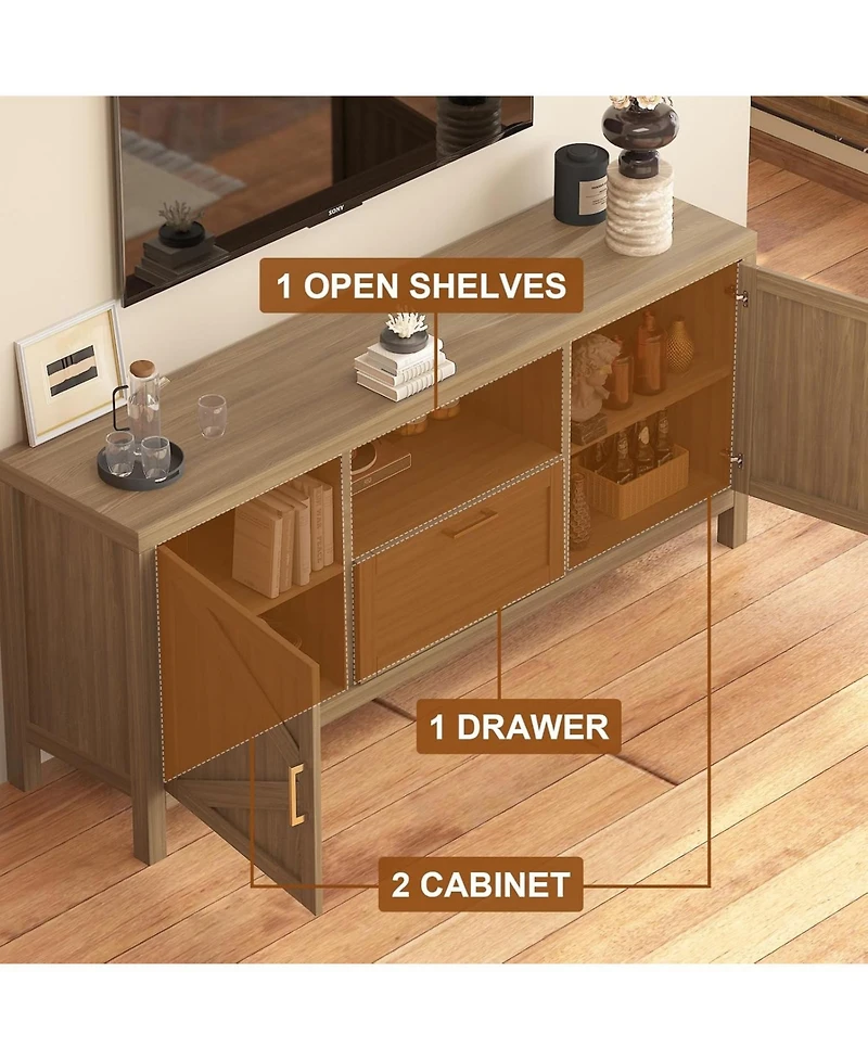 gaomon 59 Inch Farmhouse Tv Stand, Wooden Media Console with Cabinets, Drawer and Open Shelf