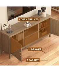 gaomon 59 Inch Farmhouse Tv Stand, Wooden Media Console with Cabinets, Drawer and Open Shelf