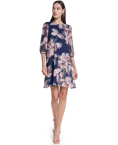 Calvin Klein Women's 3/4-Sleeve Floral Chiffon Shift Dress