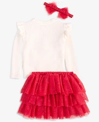 First Impressions Baby Girls' Bow Tiered Glitter Headband, Sweater and Skirt, 3-Piece Set, Macy's Exclusive