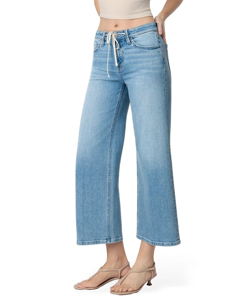 Flying Monkey Women's High Rise Trouser Fold Drawstring Crop Wide Leg Jeans