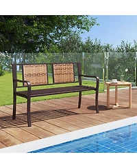 Costway 51" Patio Metal Bench for 2-3 with Rattan Backrest and Curved Armrests for Backyard