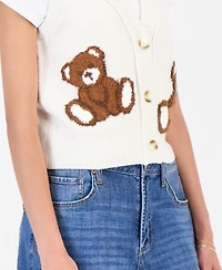 Hooked Up by Iot Juniors' V-Neck Button-Front Teddy Bear Motif Sweater Vest