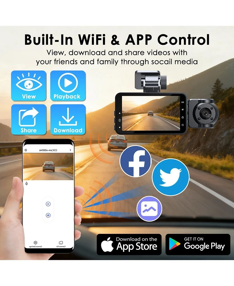 Neewer WiFi Fhd 1080P 3 Channel Car Dash Cam Front Rear Inside With 32G Mmc Card Motion Detection Loop Recording Infrared Night Vision