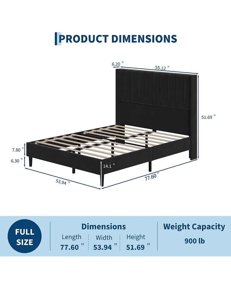 Upholstered Platform Bed Frame with 52 Inch High Vertical Channel Tufted Wingback Headboard, Wooden Slat Support