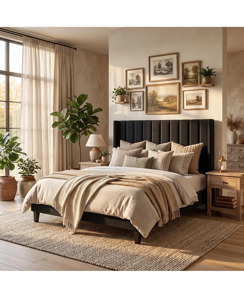 Upholstered Platform Bed Frame with 52 Inch High Vertical Channel Tufted Wingback Headboard, Wooden Slat Support
