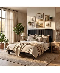 Upholstered Platform Bed Frame with 52 Inch High Vertical Channel Tufted Wingback Headboard, Wooden Slat Support