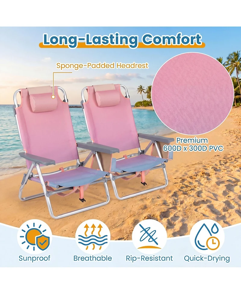 Gymax 2PCS Folding Backpack Beach Chair 5-Position Outdoor Reclining Chairs w/ Pillow