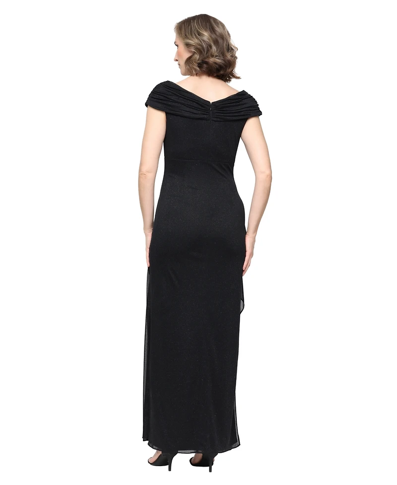 Alex Evenings Petite L-Neck Glitter-Mesh Long Dress