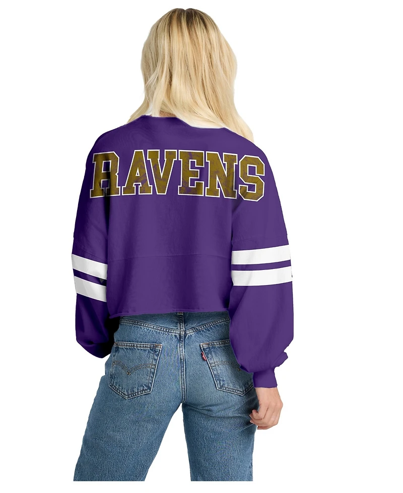 Spirit Jersey Women's Purple Baltimore Ravens Oversized Cropped Stripe Long Sleeve T-Shirt