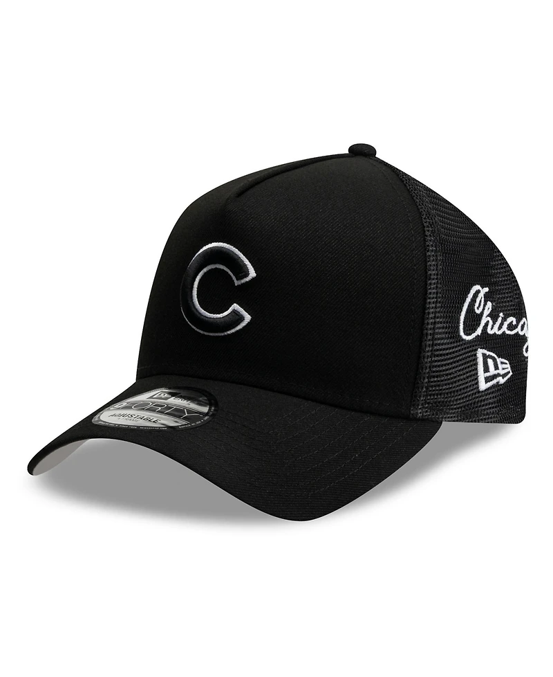 New Era Men's Black Chicago Cubs Side Script 9FORTY A-Frame Trucker Adjustable Hat