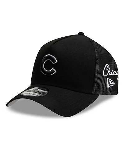New Era Men's Black Chicago Cubs Side Script 9FORTY A-Frame Trucker Adjustable Hat