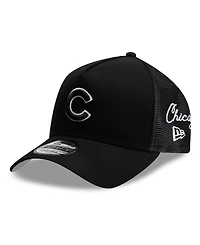 New Era Men's Black Chicago Cubs Side Script 9FORTY A-Frame Trucker Adjustable Hat